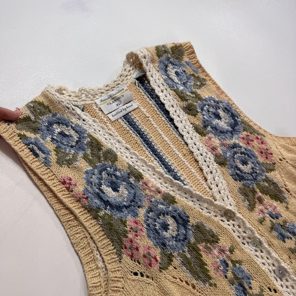 Y2K Marisa Christina Sweater Vest Womens XL Blue Floral Knit Boho Knit Granny - Picture 7 of 9